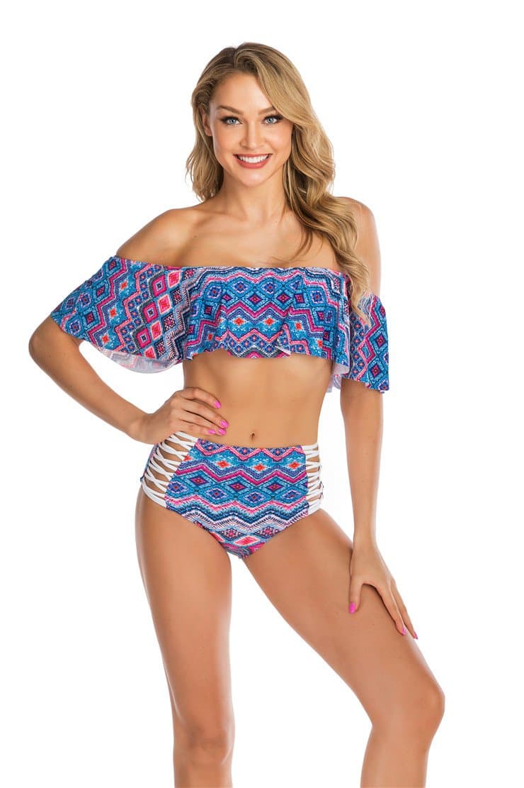 LIEBIAN Blue Diamond Print Bandeau Bikini